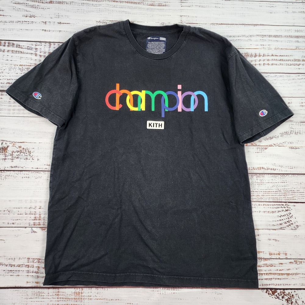 Kith x Champion Rainbow Logo T Shirt Mens XL Black Short Sleeve Graphic Tee